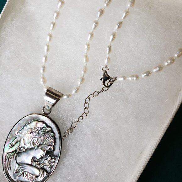 Vintage Lee sands abalone carved cameo fw pearls - Picture 5 of 7